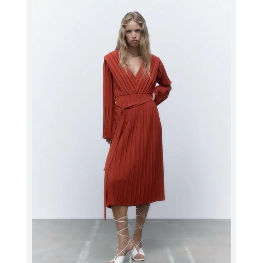 Zara Pleated Midi V-neck‎ flowy a line long Sleeve Dress Rust Orange Small NWT